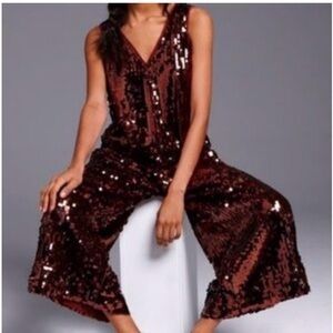 Anthropologie Brown Sequin V-Neck Jumpsuit